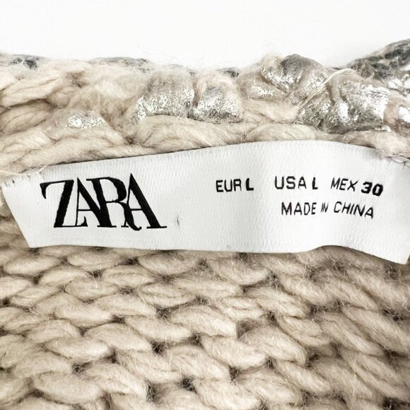 Zara Sweater Women's Large Metallic Silver Foil Hooded Knit Pullover Sweatshirt - Picture 6 of 15